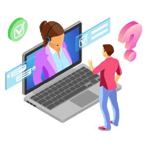 Illustration of man in front of open laptop with customer support person on screen, question mark, check mark, and chat bubbles surround