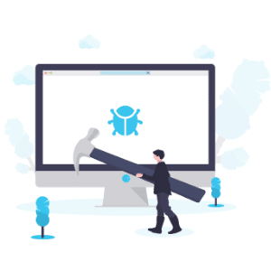 Illustration os man with big hammer in front of computer monitor with bug on screen, small illustration trees in front of it