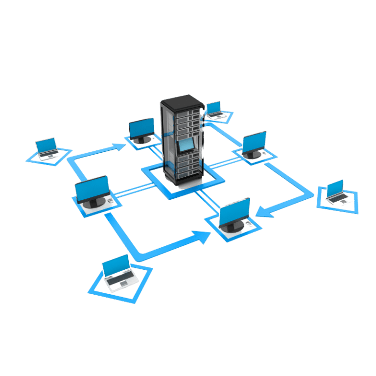 Illustration of laptops and monitors in a square with arrows connecting them with a server in the middle